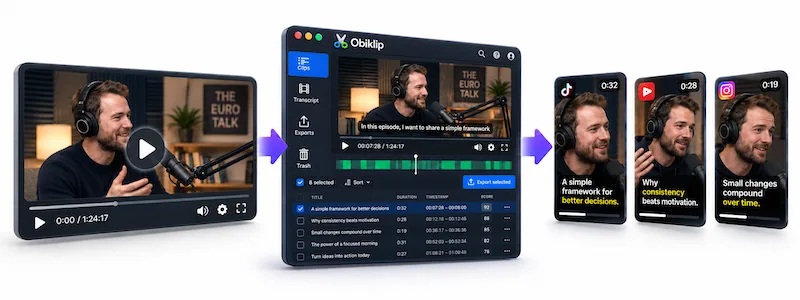 The Obiklip workspace, with a video playing and its clips listed beside it