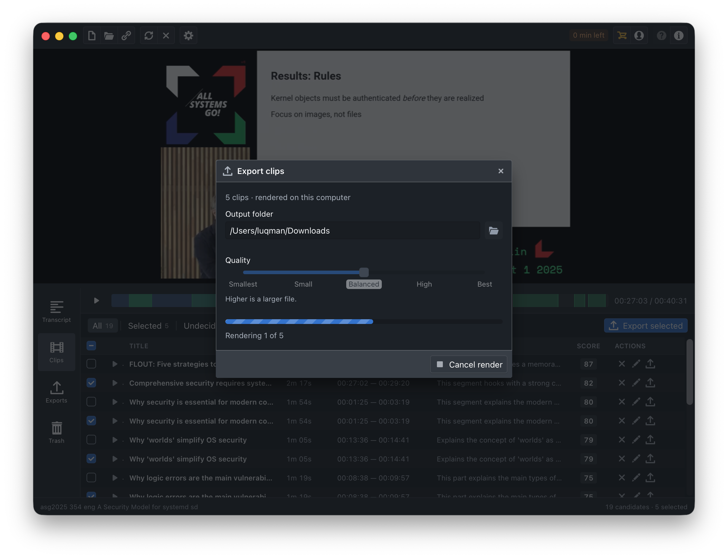 Five clips finished in the export dialog