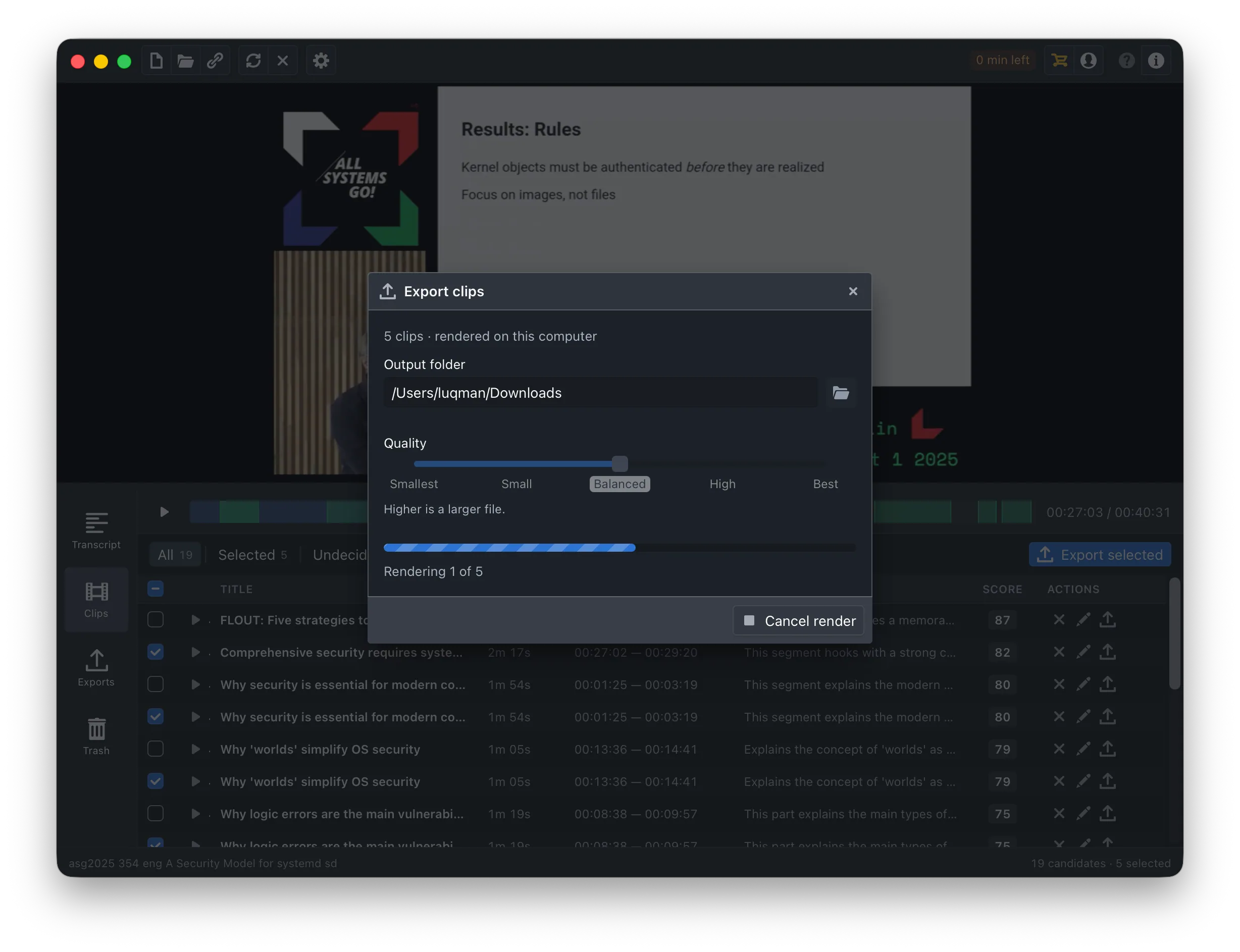 Five clips finished in the export dialog