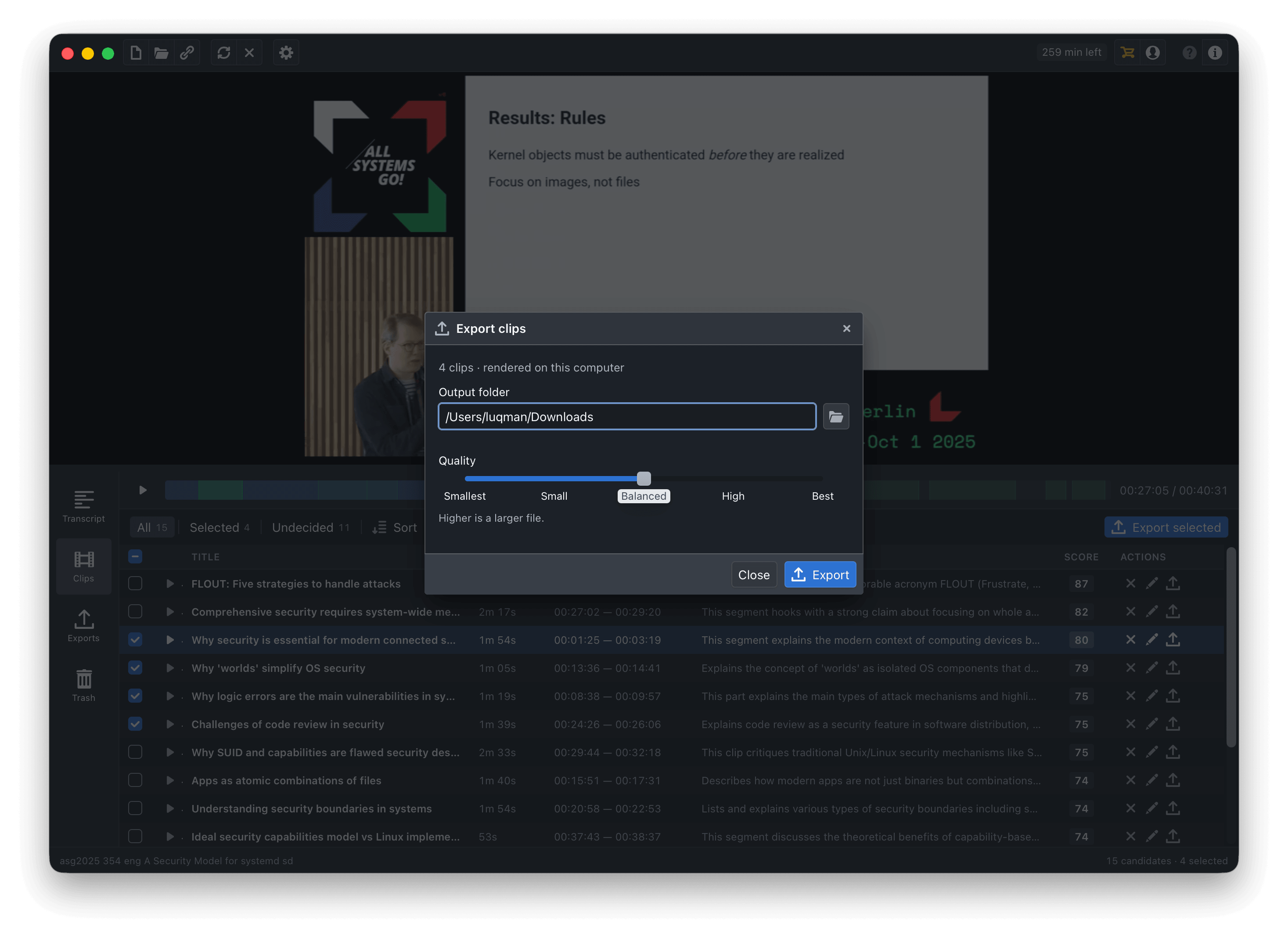 Exporting finished clips