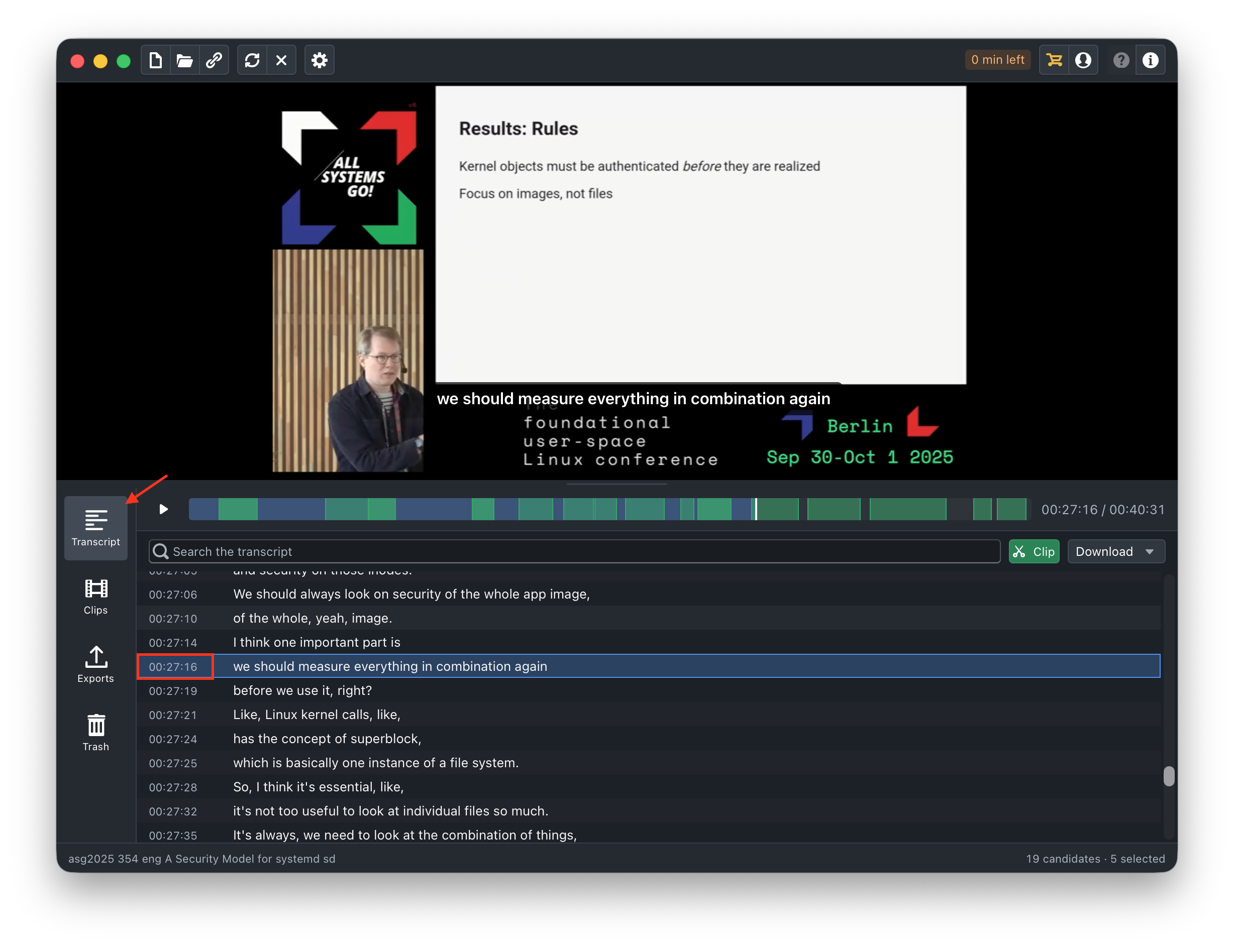 The transcript with the opening line of a clip highlighted