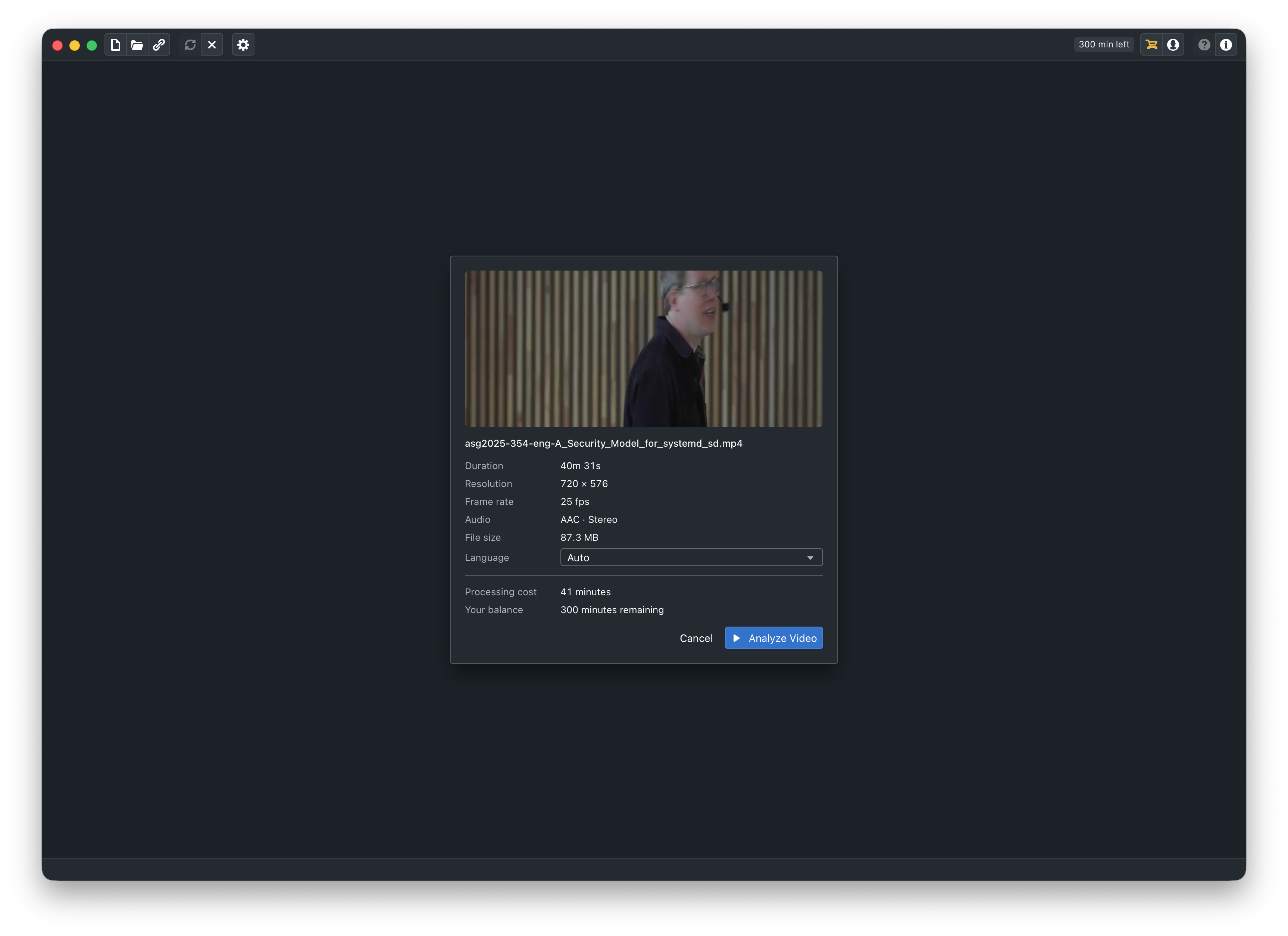 The confirm screen, showing the length of the recording and a language picker